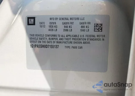 2013 Chevrolet Cruze Ls from USA, damaged, VIN 1G1PA5SH8D7155137